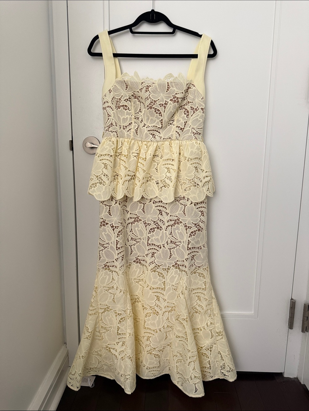 Self-Portrait Pale Yellow Lace Peplum Maxi Dress
